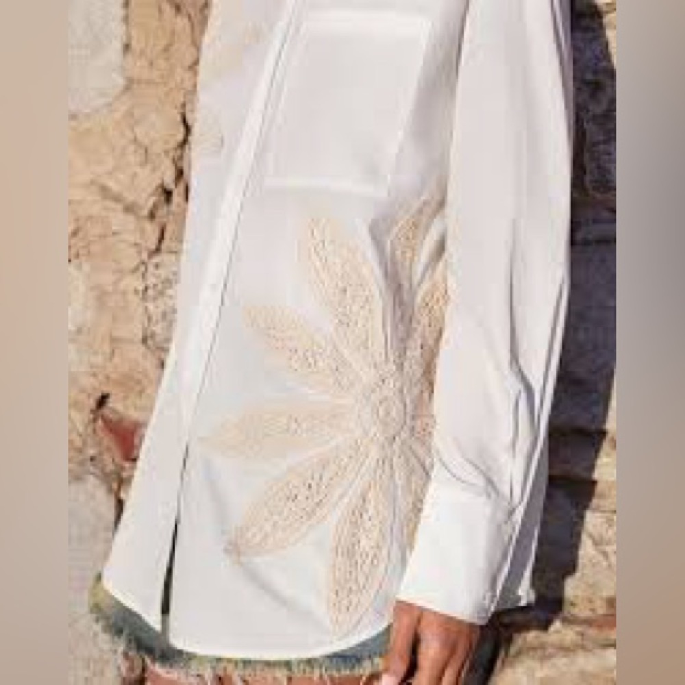 White Long Sleeve Button-Up Shirt with Crochet Embroidery Maija by SHEIN Size XS - Picture 2 of 10